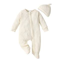 Verve Jelly Baby Jungen Mädchen Langarm Reißverschluss Strampler Strick Onesies Kleinkind Baumwolle Body Infant Füßiger Pyjama mit Hut Weiß 60 0-3 Monate von Verve Jelly