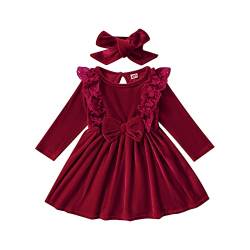 Verve Jelly Baby Kleinkind Mädchen Fleece Kleider Set Rüschen Spitze Langarm High Waist Bowknot Midikleid + Stirnband Prinzessin Party Kleidung Outfit 86 Weinrot 12-18 Monate von Verve Jelly