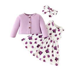 Verve Jelly Baby Mädchen Kleid und Strickjacken-Sets, Kleinkind Mädchen bedrucktes ärmelloses Kleid und Langarm-Strickjacke Set mit Stirnband Lila 9-12 Monate. von Verve Jelly