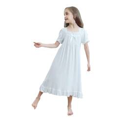 Verve Jelly Baby Mädchen Nachthemden Lange Vintage Nachtwäsche aus Weicher Baumwolle Kurzärmliges Nachthemd in Voller Länge Kinder Rüschenprinzessin Pyjama Weiß 130 7-8 Jahre von Verve Jelly