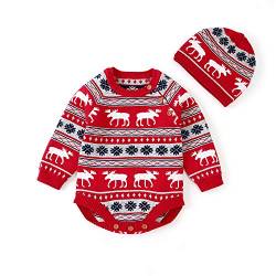 Verve Jelly Baby Neugeborenen Jungen Mädchen Strickpullover Strampler Langarm Bodysuit Baumwolle Overall Weihnachten Outfit mit Warmer Mütze Set Strampler Rot 90 6-12 Monate von Verve Jelly