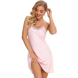 Verve Jelly Damen-Nachthemd, Satin, Nachtwäsche, Spitze, V-Ausschnitt, Chemise, sexy Nachthemd, ganzer Slip, Schlafkleid, Rosa, S von Verve Jelly