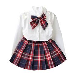 Verve Jelly Kinder Baby Mädchen Outfit Langarm Weiß Bluse Hemd Bowknot Tops + Kariertes A-Linien Kleid Schulmädchenuniform Faltenrock Rot 15 6-7 Jahre von Verve Jelly