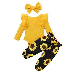 Verve Jelly Kleinkind Baby Mädchen Herbst Winter Kleidung Einfarbig Gestrickte Bodysuit Sonnenblumenhose mit Stirnband 3Pcs Outfits Set von Verve Jelly