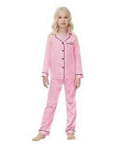 Verve Jelly Kleinkind Baby Mädchen Satin 2 Stück Langarm Button Down Hemden Tops und Lange Hosen Lässige Loungewear Süße Kleidung Rosa 120 5 6 Jahre von Verve Jelly