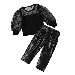 Verve Jelly Kleinkind Baby Mädchen Sprign Herbstkleidung Outfit Langarm gestrickt Ripp Punktdruck T-Shirt Top PU Lederhose + Gürtel 3PCS Set 110 Schwarz 3-4 Jahre von Verve Jelly