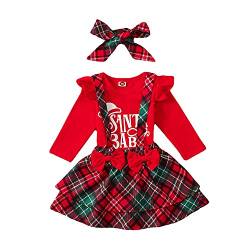 Verve Jelly Kleinkind Baby Mädchen Weihnachten Herbst Winter Outfits Rüschen Langarm Body Strampler Top + Karierter Hosenträgerrock + Stirnband Kleidung Set Rot 2 62 0-3 Monate von Verve Jelly