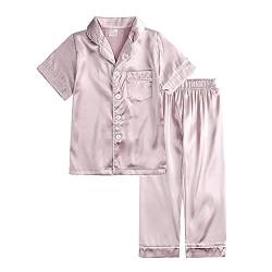 Verve Jelly Kleinkind-Baby-Pyjama-Set aus Satin-Seide Kurzarm-Button-Down-Oberteil Hose 2-teiliger Schlafanzug für Kinder 150 Stil A Roségold 10–11 Jahre von Verve Jelly
