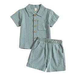 Verve Jelly Kleinkind Kleinkind Baby Junge Einfarbig Outfit Baumwolle Leinen Knopf T-Shirt Kurzarm Tops Kurze Hosen 2 Stücke Sommer Kleidung Set Grün 3 90 12-18 Monate von Verve Jelly