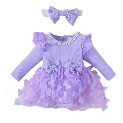 Verve Jelly Neugeborenes Baby Mädchen Herbst Strampler Kleid Rüschen Langarm Body Onesie Strickoberteile Tüllrock mit Stirnband Set Lila 6–9 Monate von Verve Jelly