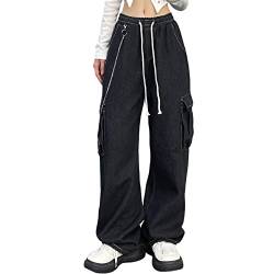 Veryin Baggy Jeans für Frauen Hohe Taille Y2K Cargo Hose Boyfriend Casual Loose Wide Leg Kordelzug Taschen mit Kette, 126-schwarz, M von Veryin