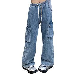 Veryin Jeans für Damen Baggy Cargo Hose High Waist Y2K Boyfriend Casual Loose Wide Leg Kordelzug Taschen mit Kette von Veryin