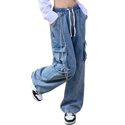 Veryin Jeans für Damen Baggy Cargo Hose High Waist Y2K Boyfriend Casual Loose Wide Leg Kordelzug Taschen mit Kette von Veryin