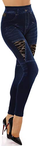 Veryzen Damen High-Waist Jeggings Leggins Jeanslook Leoparden-Print Reißverschluss-Optik, Dunkelblau von Veryzen