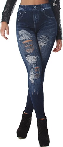 Veryzen Damen High Waist Jeggings Risse Destroyed Leggings Hoher Bund Jeans-Look Leggings Print Bedruckt 'Blue Jeans' 34 36 38 von Veryzen