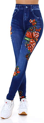 Veryzen Damen Leggings Strass Glitzer Geblümt Muster Jeggings 36-38 OneSize, 8021 Blau von Veryzen