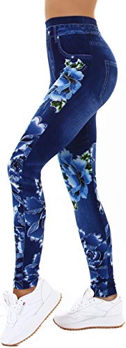 Veryzen Damen Leggings Strass Glitzer Geblümt Muster Jeggings 36-38 OneSize, 8024 Blau von Veryzen