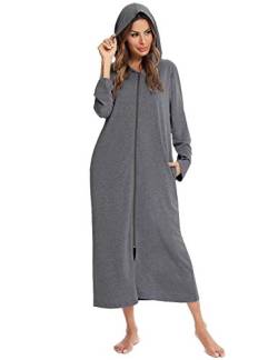 Veseacky Damen Bademantel mit Kapuze Reißverschluss Langarm Hausmantel in voller Länge Nightgonw mit Taschen S-XXL……, H0125-Dark Grey, 42 von Veseacky