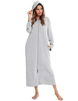 Veseacky Damen Bademantel mit Kapuze Reißverschluss Langarm Hausmantel in voller Länge Nightgonw mit Taschen S-XXL……, H0125-Light Grey, 38 von Veseacky