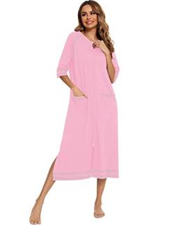 Veseacky Damen-Bademantel mit Reißverschluss, 3/4-Ärmel, Hauskleid, volle Länge, Nachtwäsche, Staubwedel, Hausmantel mit Taschen, S-XXL, H0207-Pink, 38 von Veseacky