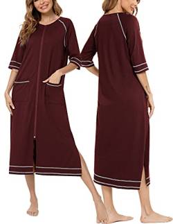 Veseacky Damen-Bademantel mit Reißverschluss, 3/4-Ärmel, Hauskleid, volle Länge, Nachtwäsche, Staubwedel, Hausmantel mit Taschen, S-XXL, H02071-Wein-3, 48 von Veseacky