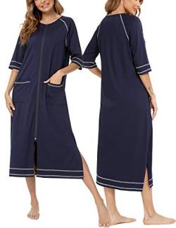 Veseacky Frauen Reißverschluss Robe 3/4 Ärmel Loungewear Lose Bequeme Hausmantel Lange Weiche Bademantel Navy Blau XL…, H02071-Navy, 46 von Veseacky