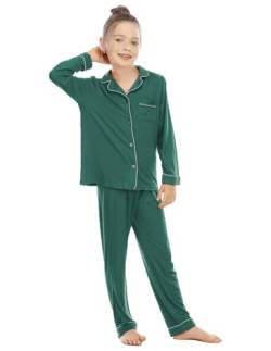 Veseacky Unisex Mädchen Jungen Pyjama Langarm Nachtwäsche Button-Down 2-teiliges Pyjama-Set für 5-14 Jahre, dunkelgrün, 11-12 Jahre von Veseacky