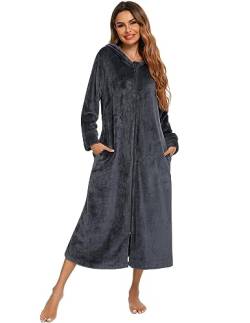 Veseacky Women's Long Sleeve Zip Flannel Hooded Loose Fit Warm Robe Grey S von Veseacky