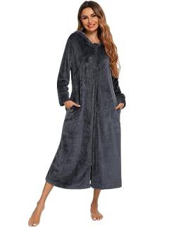 Veseacky Women's Long Sleeve Zip Flannel Hooded Loose Fit Warm Robe Grey XL von Veseacky