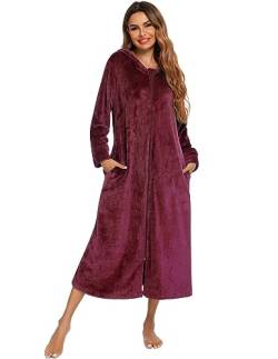 Veseacky Women's Long Sleeve Zip Flannel Hooded Loose Fit Warm Robe Wine Red XXL von Veseacky