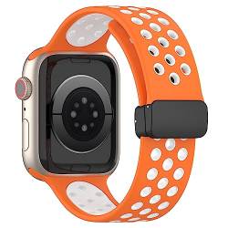 VeveXiao Sportbänder kompatibel mit Apple Watch Ultra Band 49mm 45mm 44mm 42mm, weiche Silikon Sport Frauen Männer Riemen mit Magnetschnallen Armbändern IWatch SE Serie 8/7/6/4/3/2/1, Orange weiß von VeveXiao