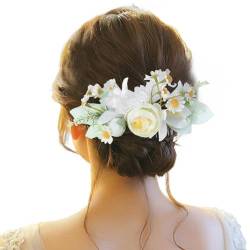 Handgemachte Braut Haar Blume Seite Kamm Haarspange Metall Haarkämme mit künstlicher Rose Hochzeit Brautschmuck Haarzubehör für Frauen, Blumenmädchen, Brautjungfern von Vhersily