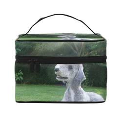 Make-up-Tasche, große Kosmetiktasche, tragbare Reisetasche, Leder, wasserdicht, für Damen und Mädchen,Bedlington Terrier Lustige Hunde Pelzige Hunde Haustiere von VhoMes