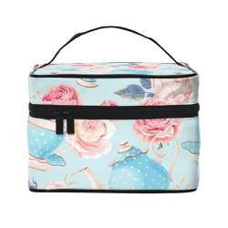 Make-up-Tasche, große Kosmetiktasche, tragbare Reisetasche, Leder, wasserdicht, für Damen und Mädchen,Blumen Rosen Vintage Teekanne Tassen von VhoMes