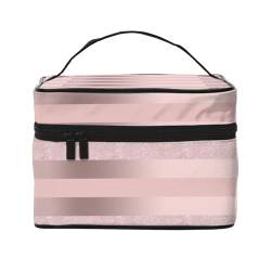 Make-up-Tasche, große Kosmetiktasche, tragbare Reisetasche, Leder, wasserdicht, für Damen und Mädchen,Eleganter Roségold-Glitzer-Rosa-Streifen von VhoMes