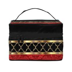 Make-up-Tasche, große Kosmetiktasche, tragbare Reisetasche, Leder, wasserdicht, für Damen und Mädchen,Elegantes Quatrefoil-Muster in Rot, Schwarz und Gold von VhoMes