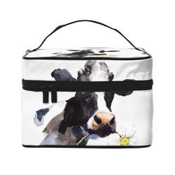 Make-up-Tasche, große Kosmetiktasche, tragbare Reisetasche, Leder, wasserdicht, für Damen und Mädchen,Kuh mit Einer Gänseblümchenblume von VhoMes