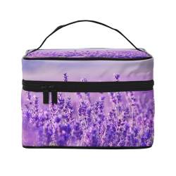 Make-up-Tasche, große Kosmetiktasche, tragbare Reisetasche, Leder, wasserdicht, für Damen und Mädchen,Lavendelblüten-lila Landschaftslandschaft von VhoMes