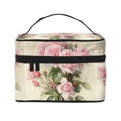 Make-up-Tasche, große Kosmetiktasche, tragbare Reisetasche, Leder, wasserdicht, für Damen und Mädchen,Rosa Rosen von VhoMes