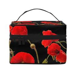 Make-up-Tasche, große Kosmetiktasche, tragbare Reisetasche, Leder, wasserdicht, für Damen und Mädchen,Rote Mohnblumen, buntes, florales, abstraktes Schwarz von VhoMes