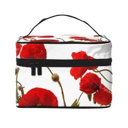 Make-up-Tasche, große Kosmetiktasche, tragbare Reisetasche, Leder, wasserdicht, für Damen und Mädchen,Rote Mohnblumen von VhoMes