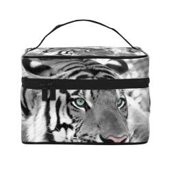 Make-up-Tasche, große Kosmetiktasche, tragbare Reisetasche, Leder, wasserdicht, für Damen und Mädchen,Schwarz-weißer Tigerdruck von VhoMes