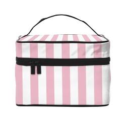 Make-up-Tasche, große Kosmetiktasche, tragbare Reisetasche, Leder, wasserdicht, für Damen und Mädchen,Streifen parallele Linien rosa weiß von VhoMes