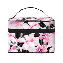 Make-up-Tasche, große Kosmetiktasche, tragbare Reisetasche, Leder, wasserdicht, für Damen und Mädchen,Tropische Hibiskusblüten mit schwarzen Blättern von VhoMes