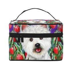 Make-up-Tasche, große Kosmetiktasche, tragbare Reisetasche, Leder, wasserdicht, für Damen und Mädchen,Tulpe West Highland White Terrier Hund von VhoMes