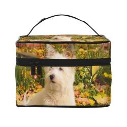 Make-up-Tasche, große Kosmetiktasche, tragbare Reisetasche, Leder, wasserdicht, für Damen und Mädchen,Westie Autumn West Highland White Terrier Hunde von VhoMes