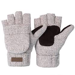 ViGrace Winter-Handschuhe, gestrickt, wandelbar, fingerlos, Woll-Fäustlinge, warmer Handschuh für Damen und Herren, Beige, Medium von ViGrace