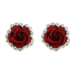Ohrringe Ohrstecker aus 925er-Sterlingsilber, AAA-Zirkonia, glänzend, rund, rote Rose, Blume, for Damen von ViLLeX