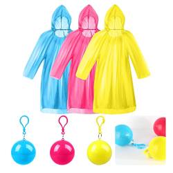 Viaky 3 Stück Einweg-Regenponchos, tragbar, wasserdicht, Ball mit Schlüsselanhänger-Haken für, Erwachsene, Notfall-Regenmäntel für Wandern, Camping, Outdoor-Aktivitäten, Himmelblau/Rosa/Gelb von Viaky