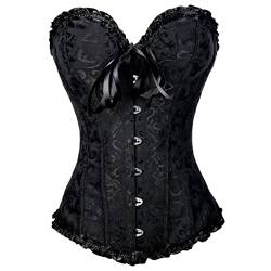 Damen Spitze Überbrust Korsett sexy Damen Corsage Vintage Gothic Bustiers KorsettsVollbrust mit Stahlstäbchen Bridal Wäsche Gothic Korsage Top Satin Bustier mit G-String S-3XL (Schwarz, 2XL-3XL) von VicSec